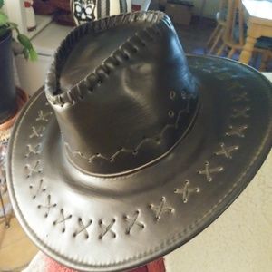 Black Faux Leather Cowboy Biker Hat